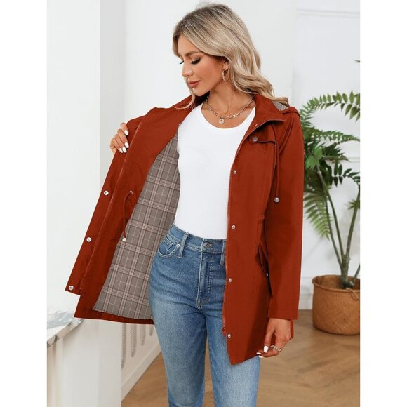Women Red Brown  Hiking Raincoat Women Waterproof Jacket Lightweight Hood - Picture 5 of 5